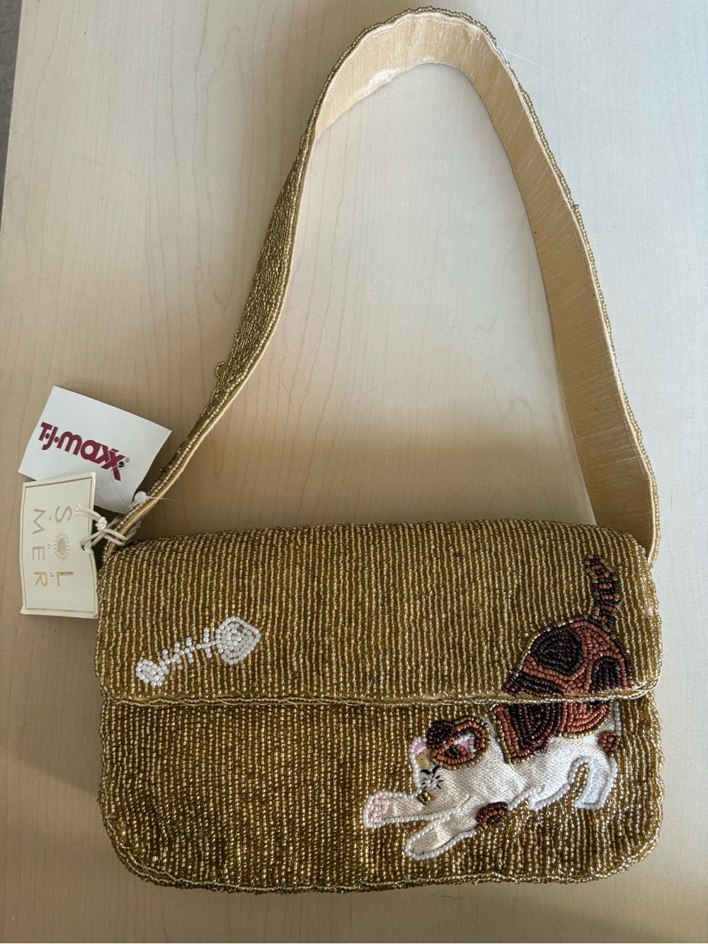 Gold Beaded Shoulder Bag with Cat Appliqué